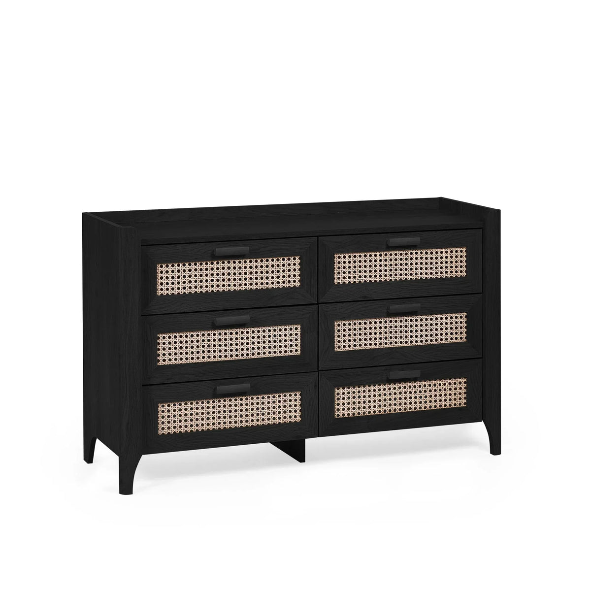 Black rattan effect six drawer wide chest with cane drawer fronts on white background