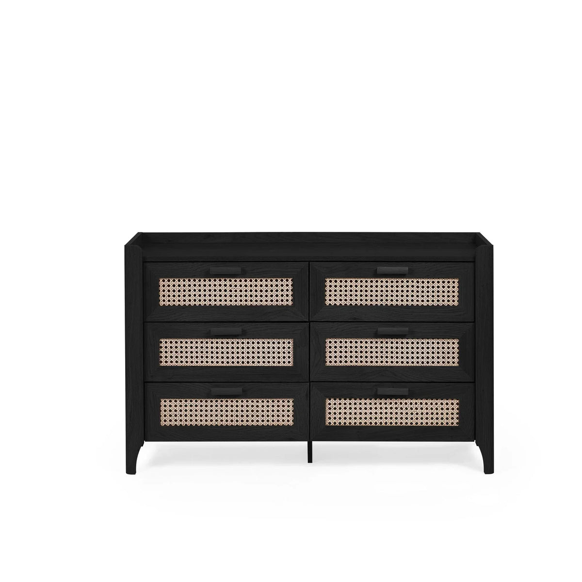 Black rattan effect 6 drawer wide chest with woven cane drawer fronts