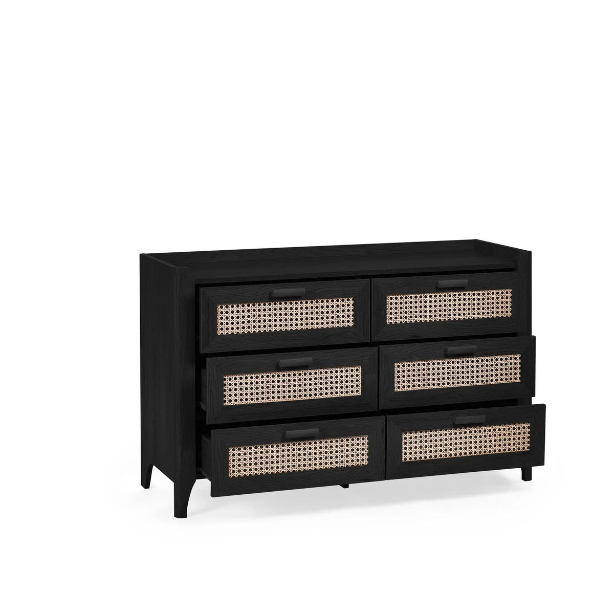 Black rattan effect 6 drawer wide chest with cane panel fronts, some drawers open