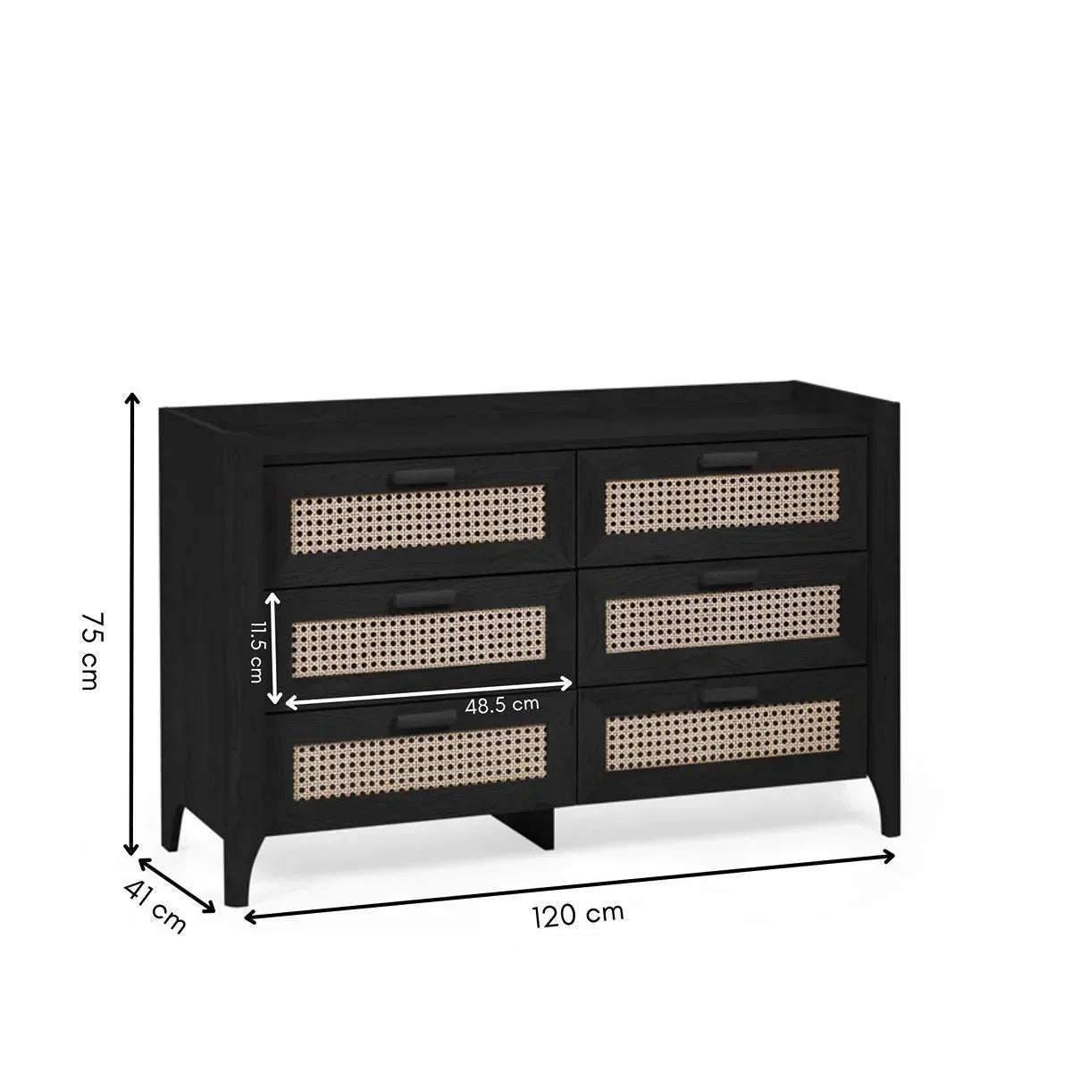 Black wood chest of drawers with rattan panels, six drawers, visible dimensions
