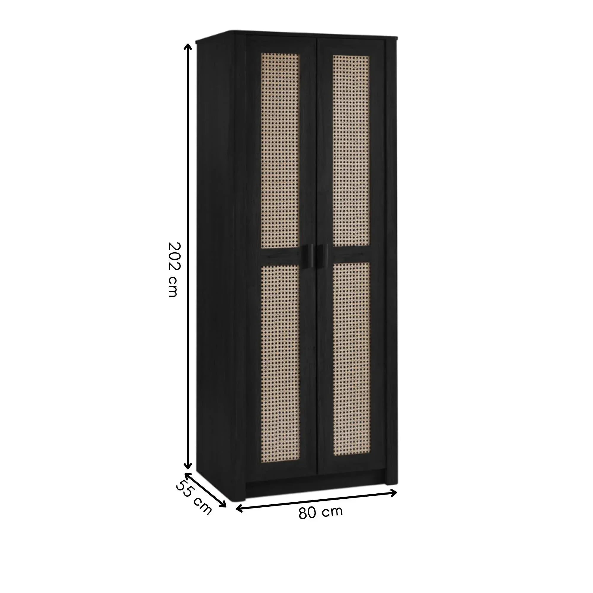 Black cane wardrobe with double doors, rattan panels, shown with measurements 202x80x55cm