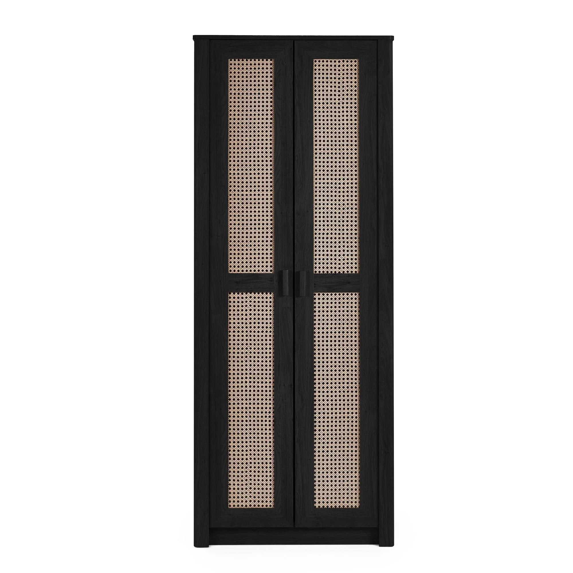Black rattan effect 2 door wardrobe with cane panels, front view on white background