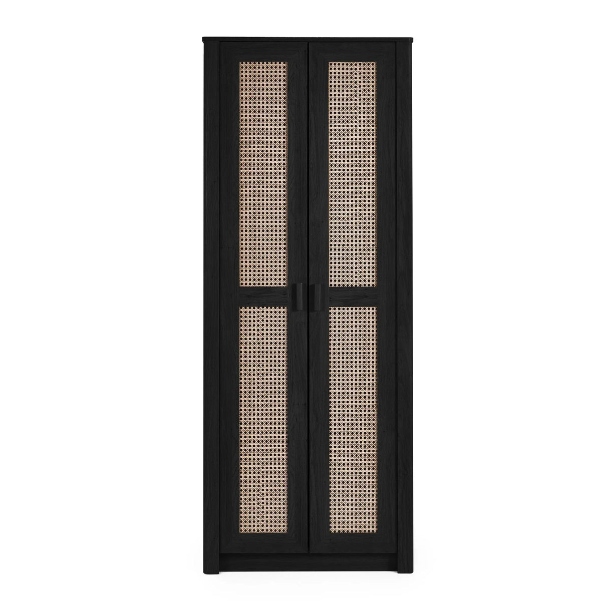 Black rattan effect 2 door wardrobe with cane panels, front view on white background