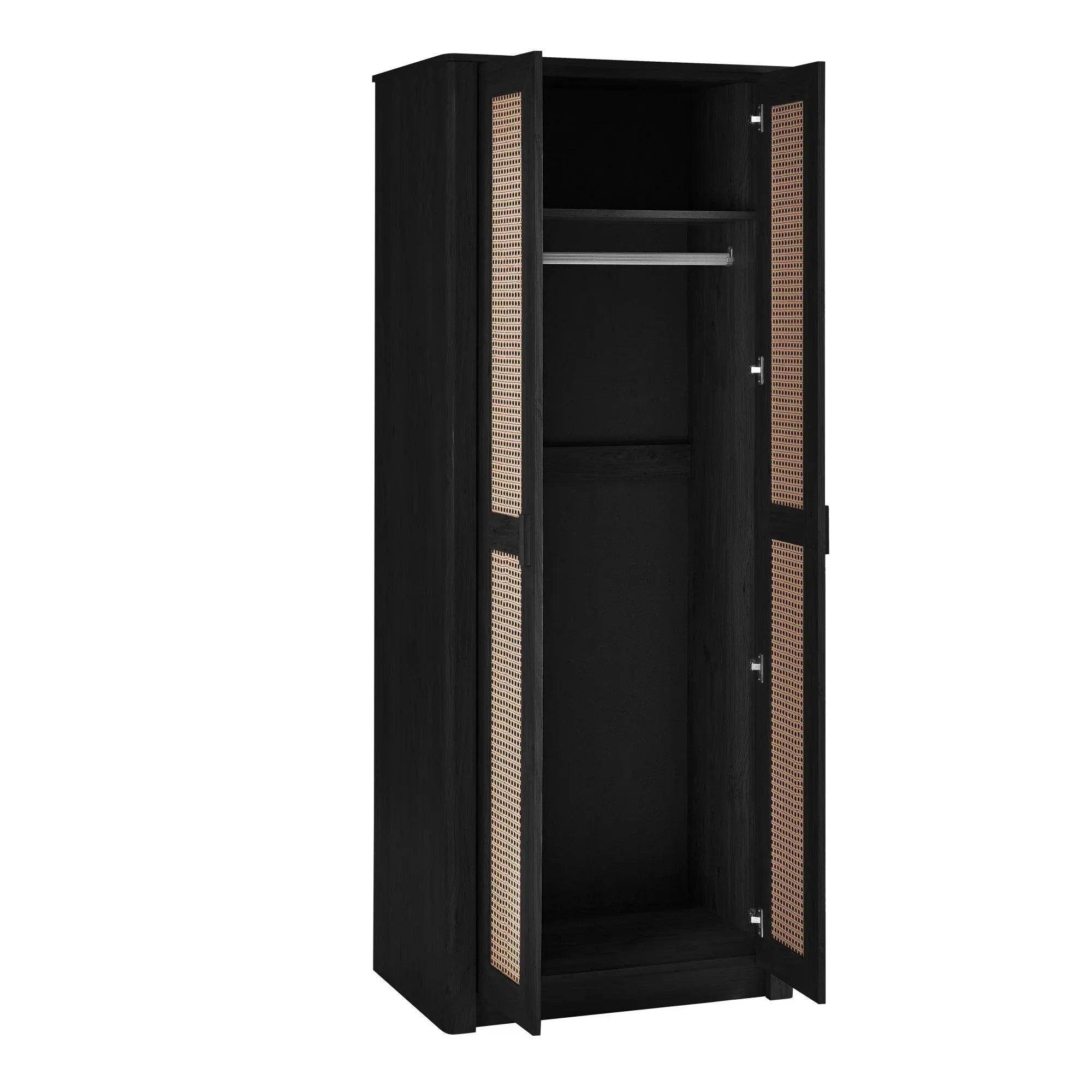 Black rattan effect 2 door wardrobe with hanging rail and open doors