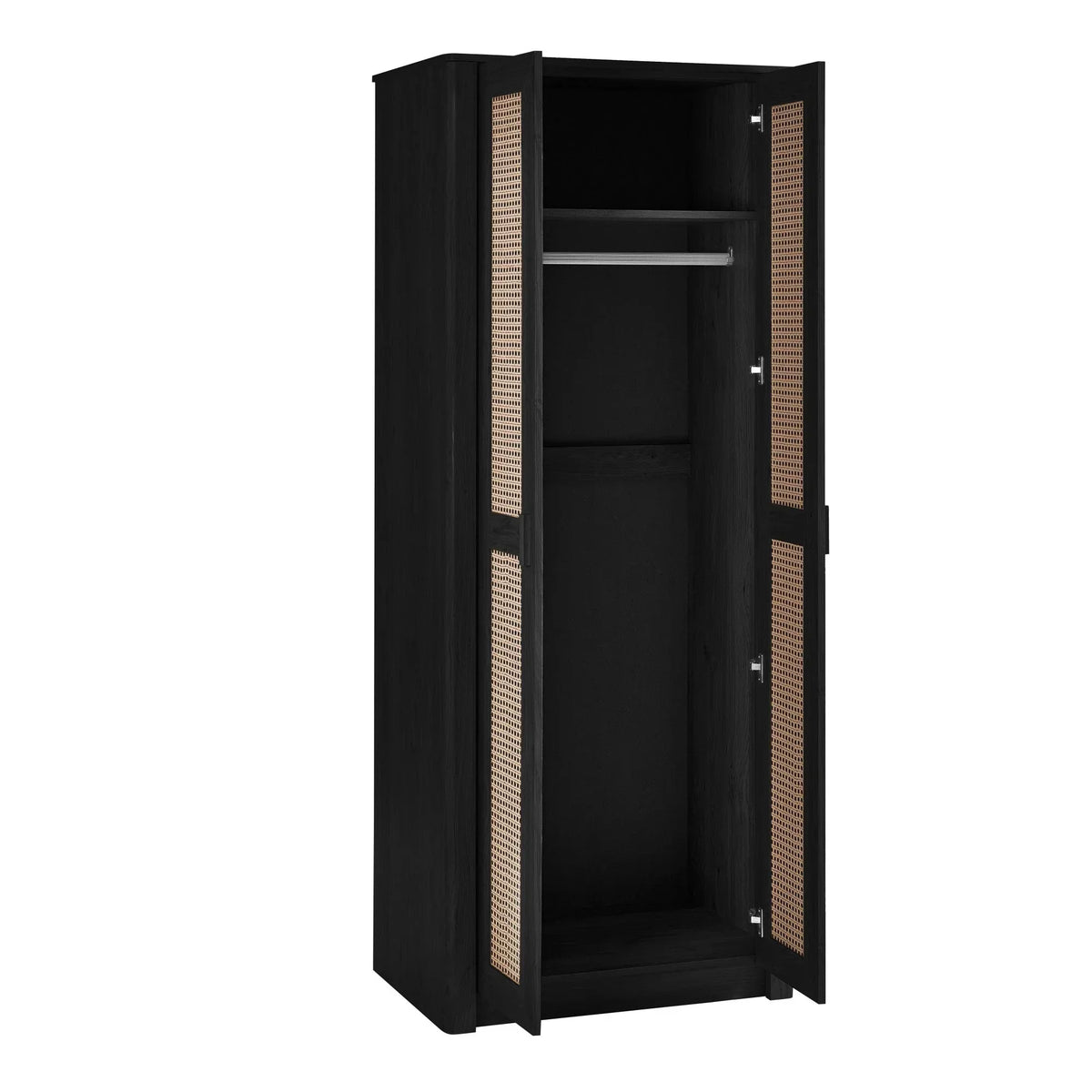 Black rattan effect 2 door wardrobe with hanging rail and open doors