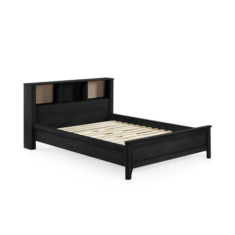 Black double bed with rattan inset shelves in headboard, no mattress, angled view on white background