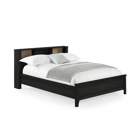 Black double bed with rattan inset storage shelves in headboard and grey bedding angled view on white background