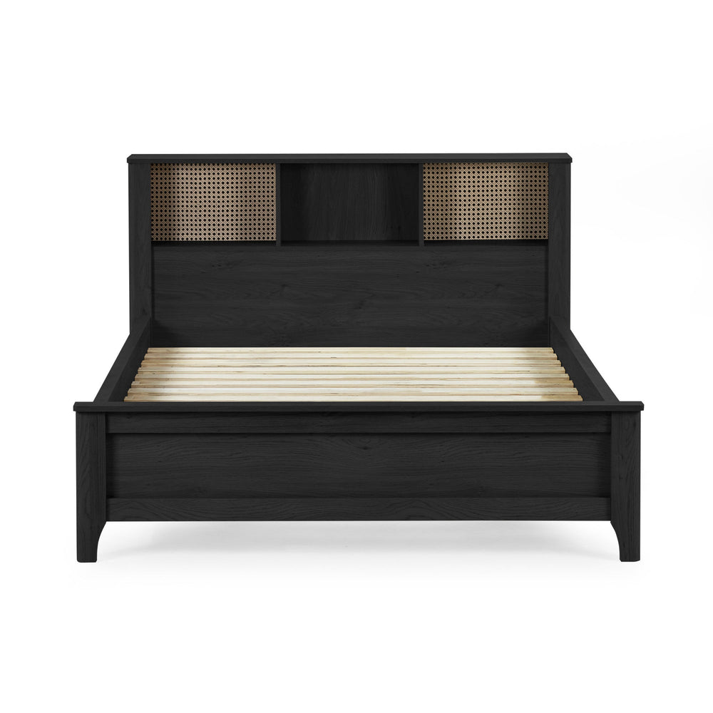 Black double bed with rattan inset storage shelves in headboard, no mattress, front view on white background