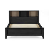 Black double bed with rattan inset storage shelves in headboard, no mattress, front view on white background