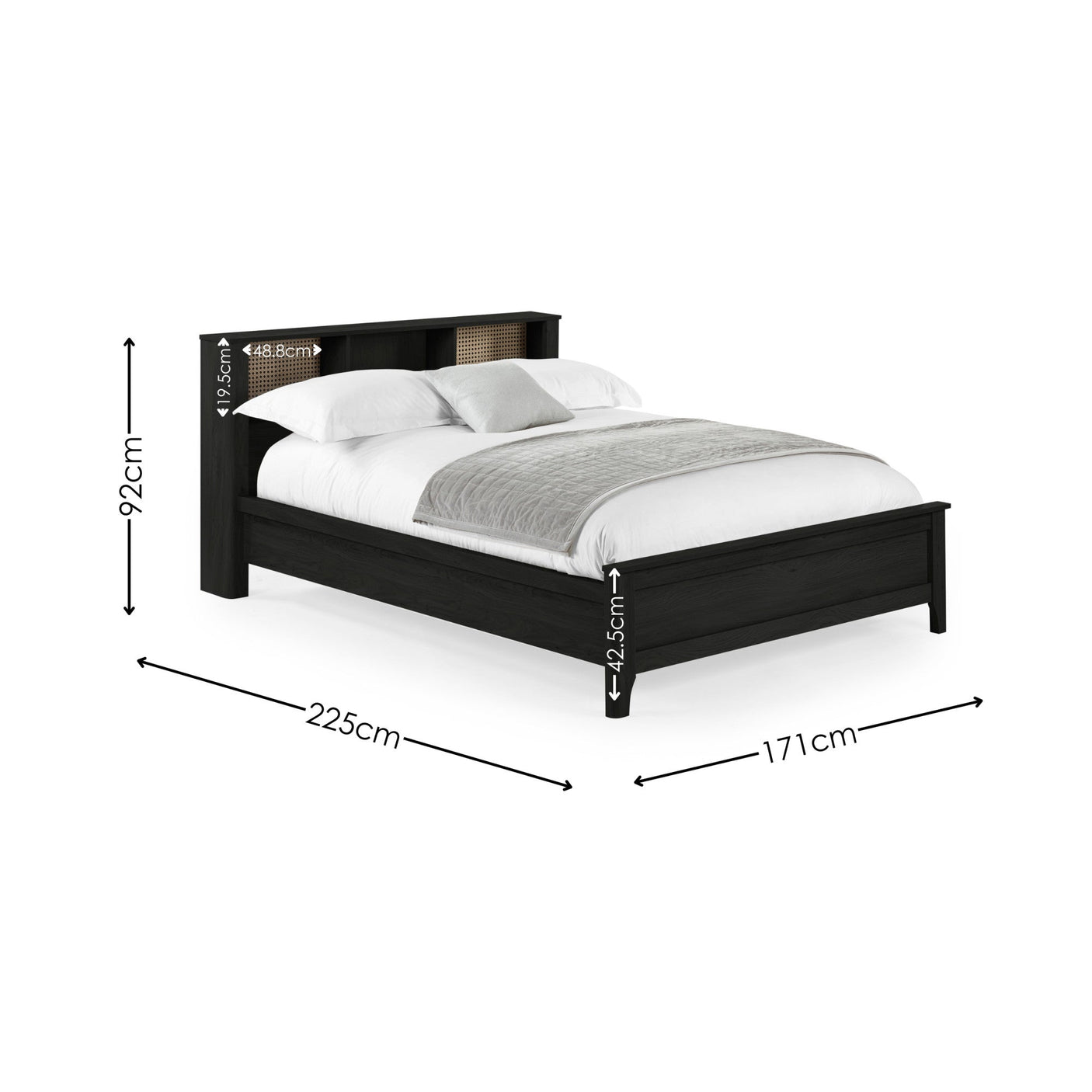 Black wooden bed with cane panel headboard, white bed linens, gray throw, and dimension lines for large size