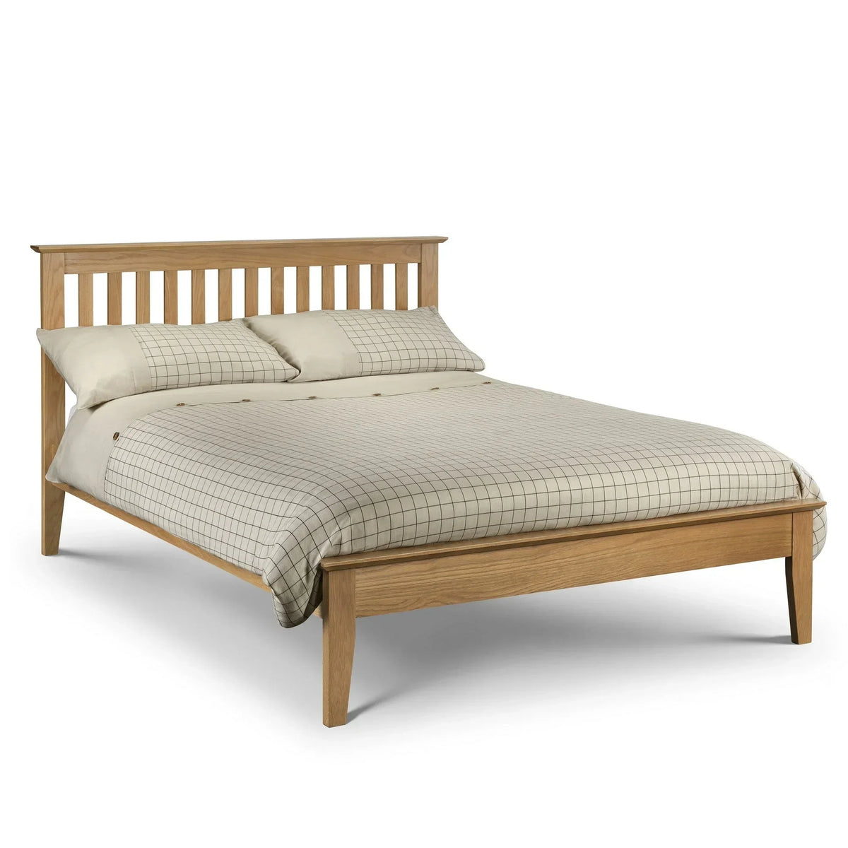 Oak wood bed frame with slatted headboard and checked bedding, angled front view