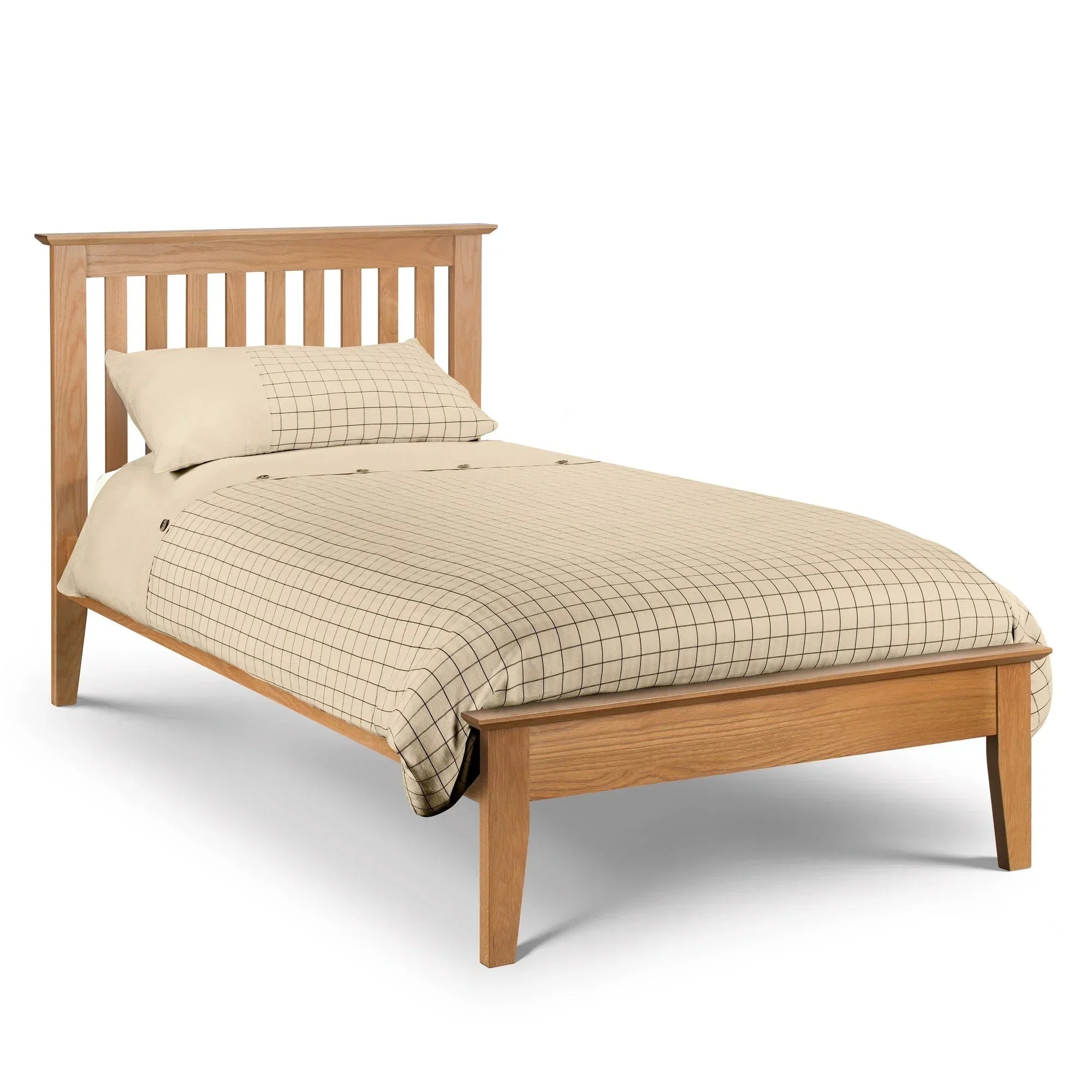 Oak single bed frame with slatted headboard and grid-patterned bedding, front angle view