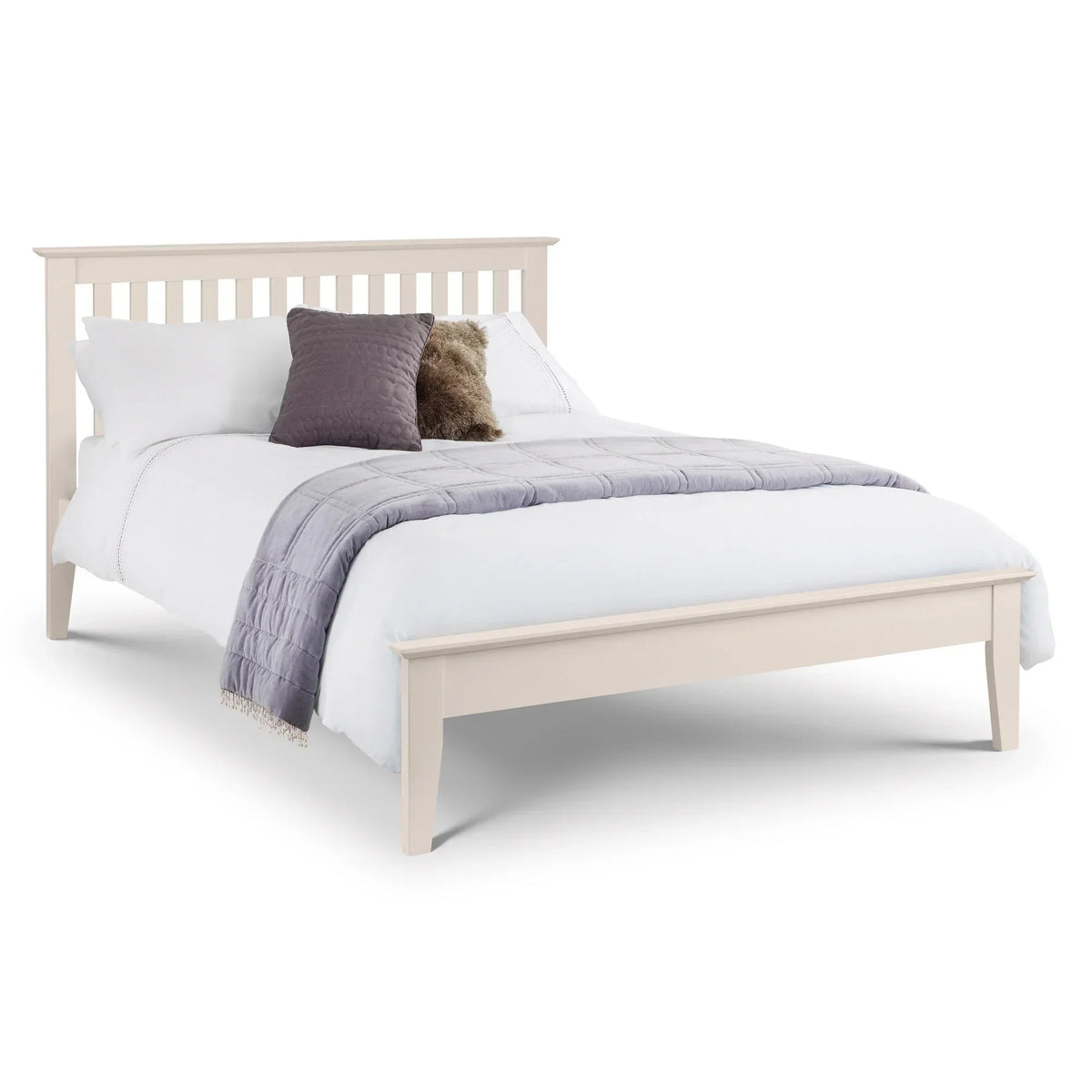 Stone white wooden bed frame with slatted headboard, double size, dressed with bedding