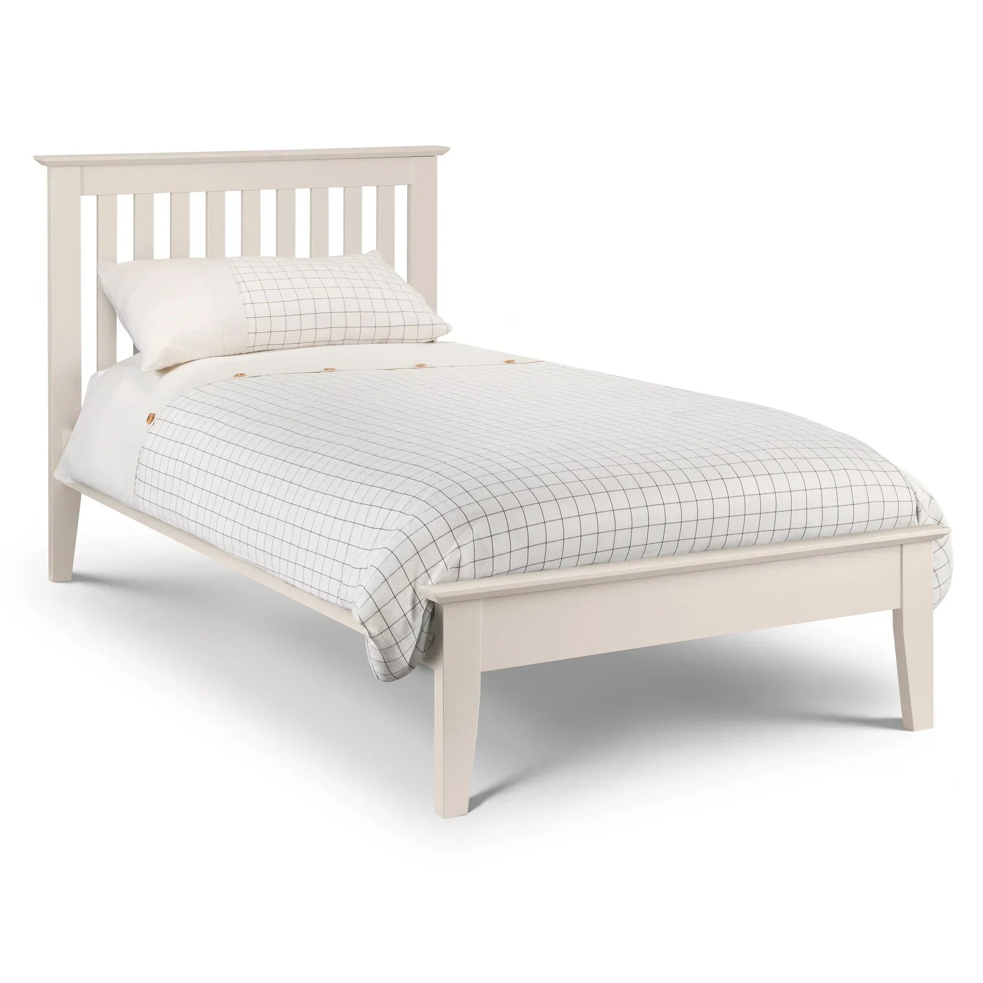 Stone white single bed frame with slatted headboard and check duvet set