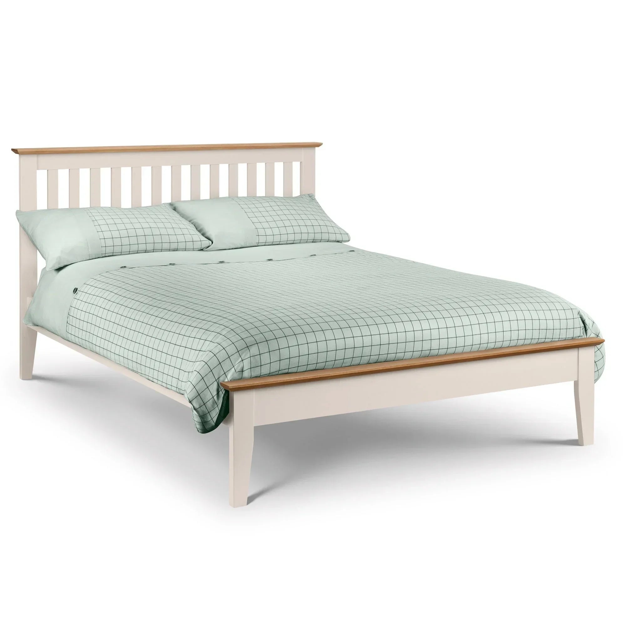 Two tone wooden bed frame with slatted headboard and light wood trim, 135cm double size