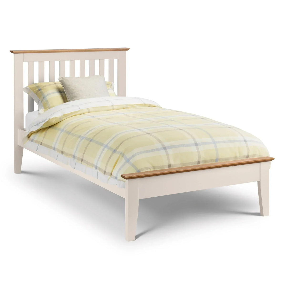 Two tone wooden single bed with slatted headboard and light yellow check duvet
