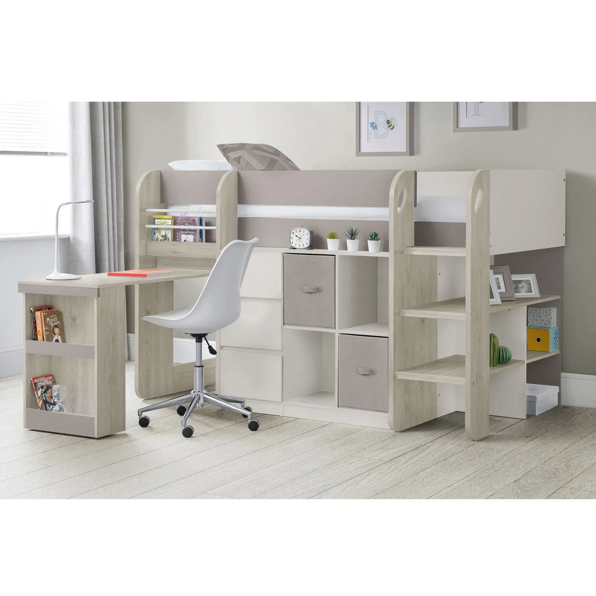 Saturn midsleeper bed in taupe oak with pull-out desk, shelving, and storage drawers
