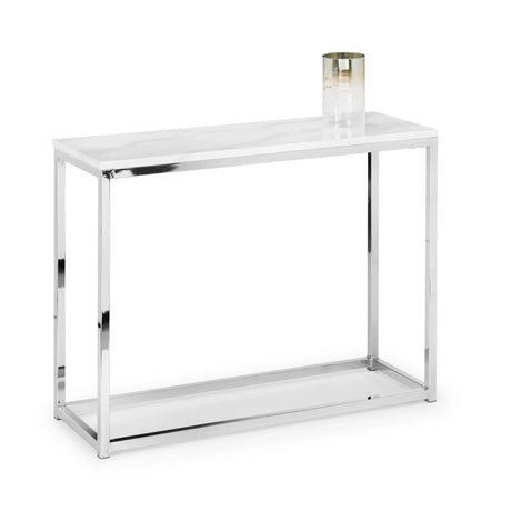 White console table with marble effect top and chrome frame, candle holder on surface