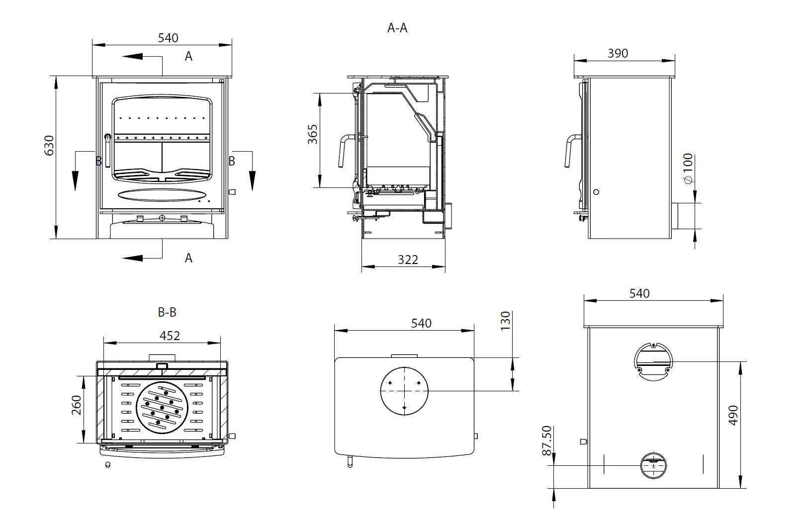 Multi-view stove technical drawing with dimensions and flue positions for installation planning