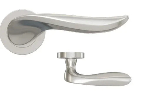 Brushed steel door handle with modern curved design, shown from top and side view