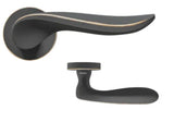Matte black door handle with gold trim and round rose detail, shown from two angles
