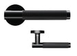 Matte black textured door handle with round backplate, side and top view