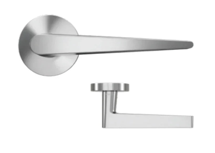 Brushed chrome door handles with round bases on white background