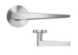 Brushed chrome door handles with round bases on white background