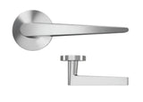 Brushed chrome door handles with round bases on white background