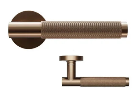Brushed bronze door handle with textured grip, shown from front and side angles