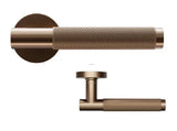 Brushed bronze door handle with textured grip, shown from front and side angles