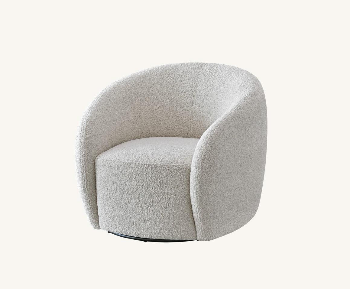 Curved boucle accent chair in cream fabric with swivel base, modern living room seating