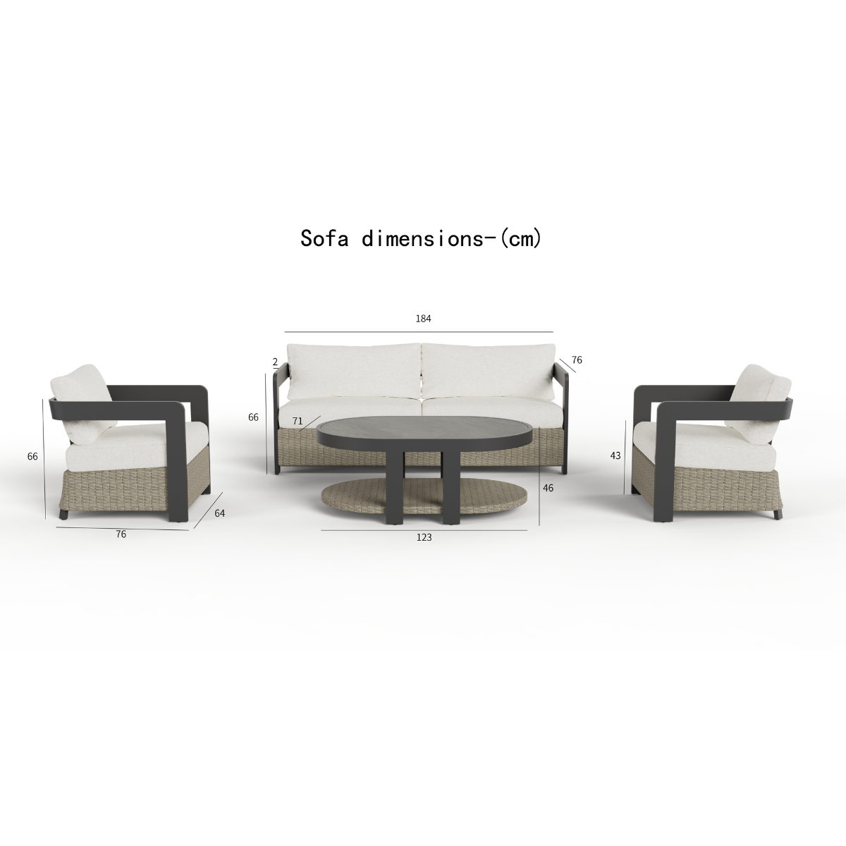 Light beige cushioned seating with dark brown woven base and black armrests alongside round table