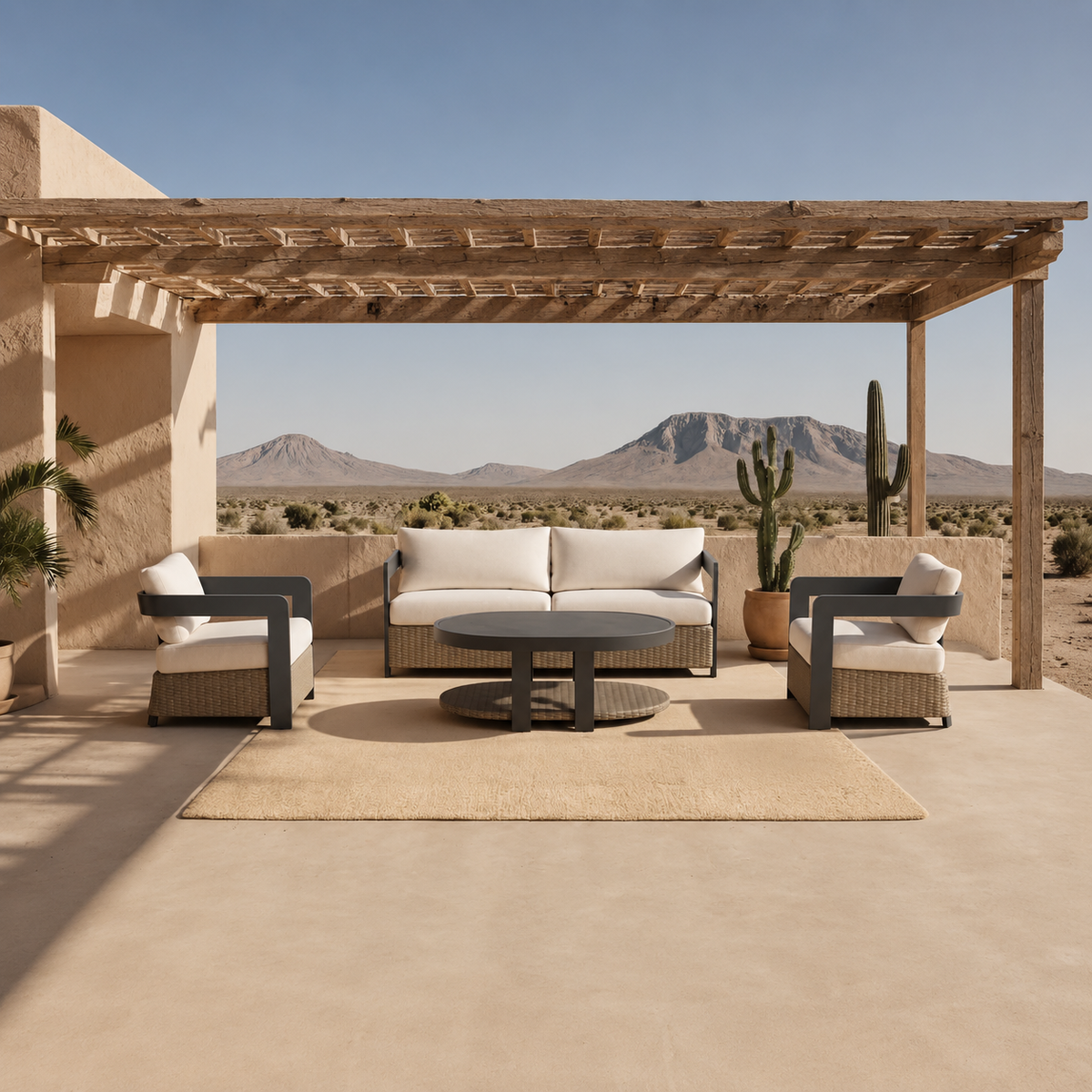 Beige cushioned rattan sofa set with dark metal frames under wooden pergola | Home Centre Direct UK