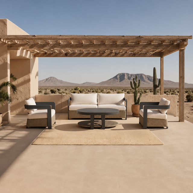 Beige cushioned rattan sofa set with dark metal frames under wooden pergola | Home Centre Direct UK