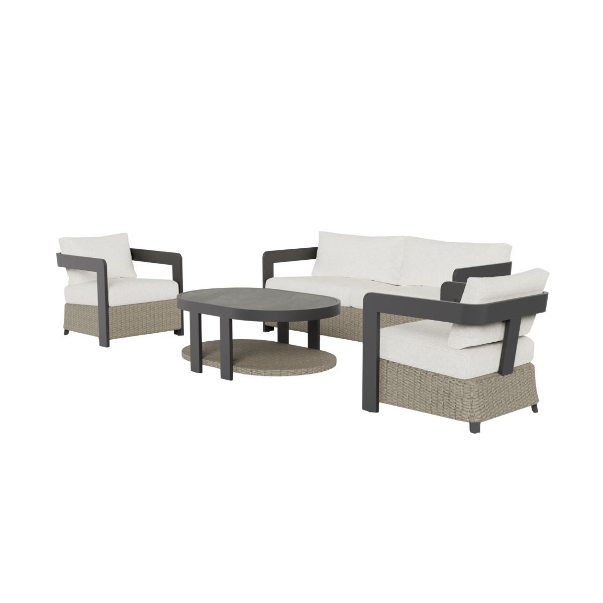 Beige woven rattan seats with light grey cushions and dark grey metal armrests and table legs