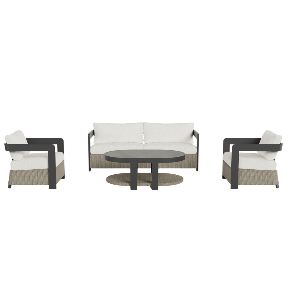 Beige woven rattan seating with light cream cushions and black metal framed coffee table