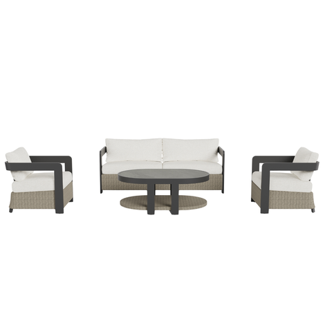 Beige woven rattan seating with light cream cushions and black metal framed coffee table