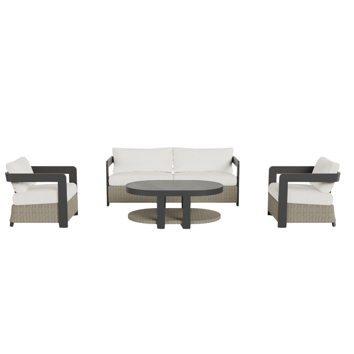 Beige woven rattan seating with light cream cushions and black metal framed coffee table