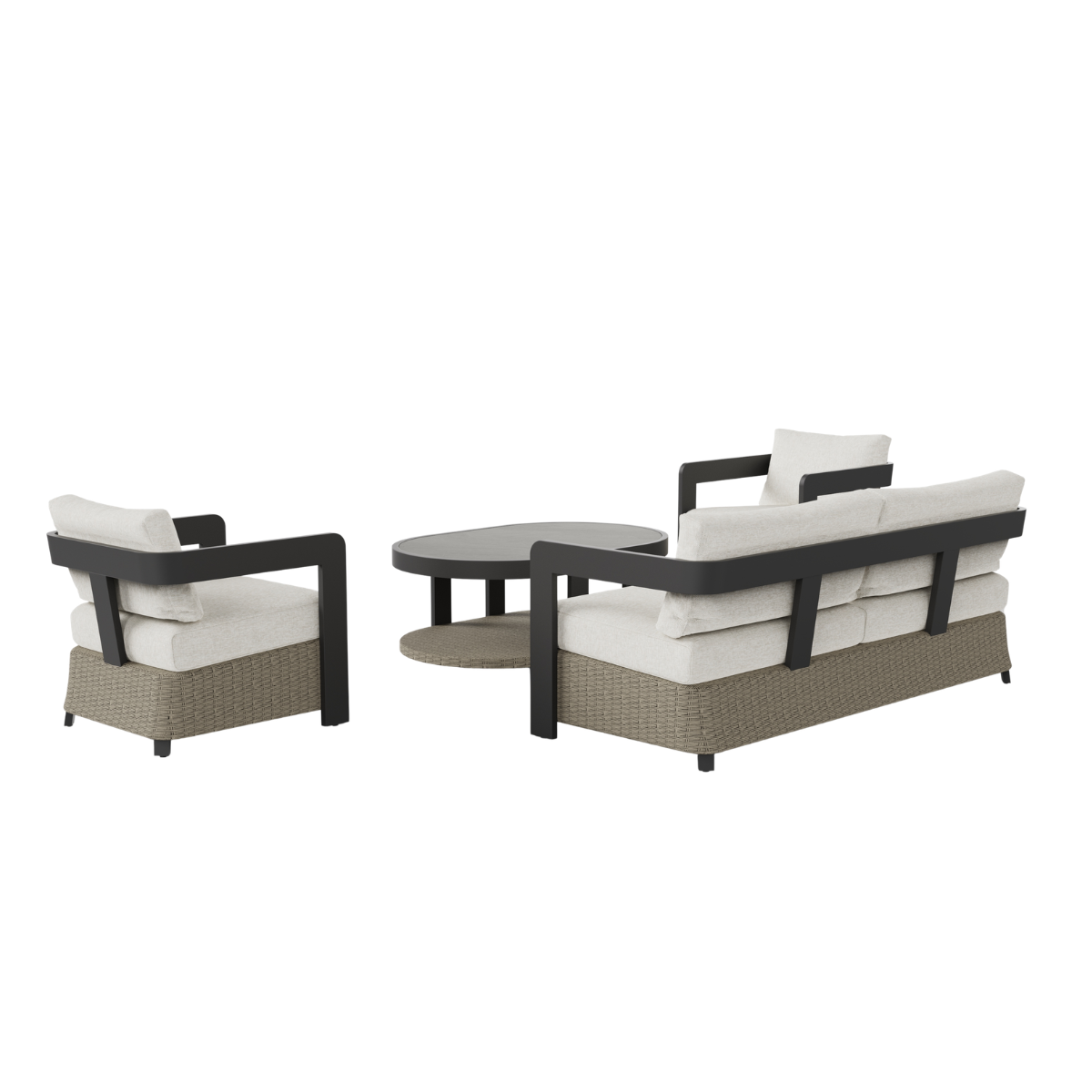 Light beige fabric cushions with dark brown metal armrests and wicker bases around a round black tab