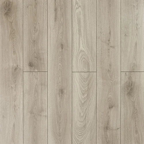 Silver oak effect laminate flooring with realistic wood grain pattern, top-down view