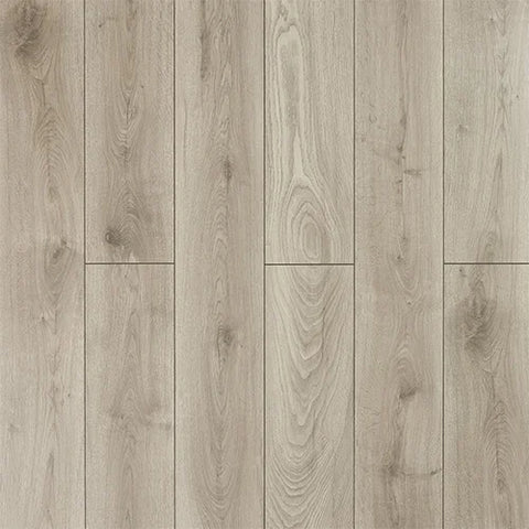 Silver oak effect laminate flooring with realistic wood grain pattern, top-down view