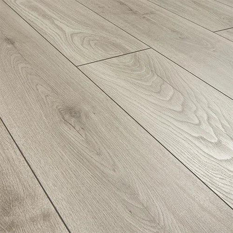 Silver oak laminate flooring planks with natural wood grain texture, close-up view