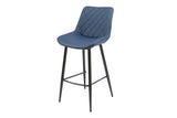 Blue bar stool with diamond-stitched seat and black metal legs, angled front view