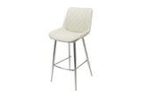 Taupe PU leather bar stool with chrome legs and diamond-stitched backrest, angled view