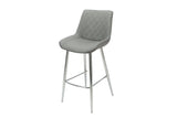 Grey bar stool with diamond-stitched backrest and chrome legs on white background