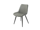 Grey dining chair with quilted backrest and black metal legs on white background