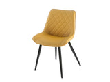 Yellow dining chair with quilted seat and backrest, black metal legs, front angle view