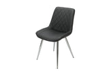 Black dining chair with chrome legs and diamond-stitched backrest on white background