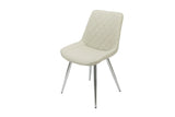 Taupe PU dining chair with chrome legs and diamond-stitched backrest, angled view
